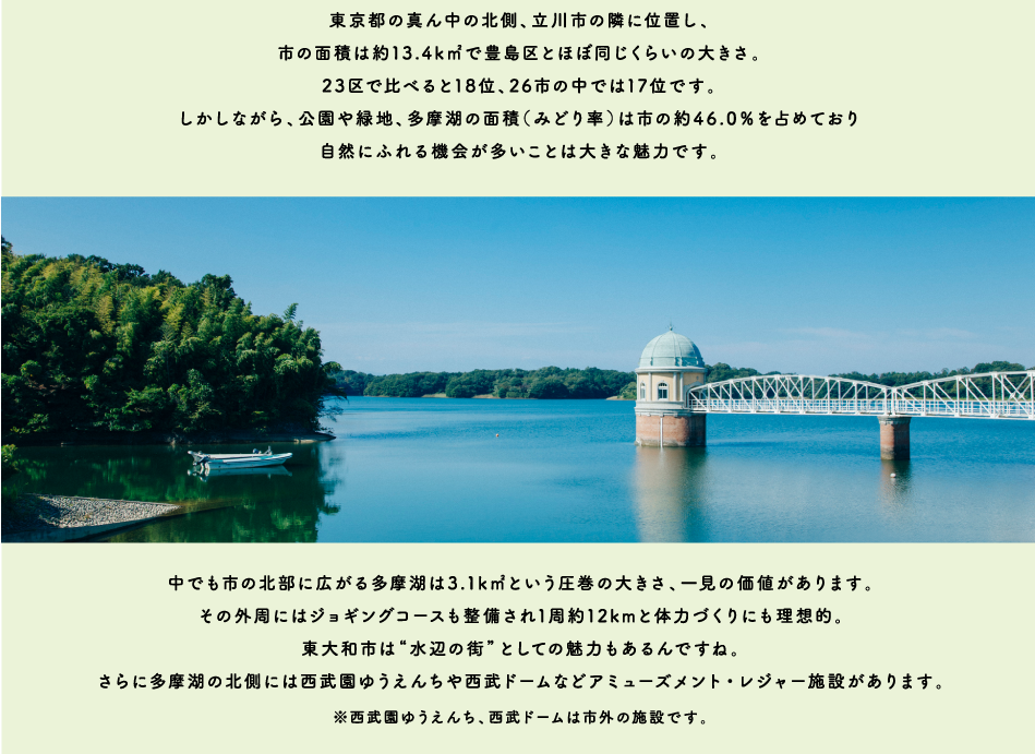 東京都の真ん中の北側、立川市の隣に位置し、 市の面積は約13.4km2で豊島区とほぼ同じくらいの大きさ。 23区で比べると18位、26市の中では17位です。 しかしながら、公園や緑地、多摩湖の面積(みどり率)は市の約46.0%を占めており 自然にふれる機会が多いことは大きな魅力です。